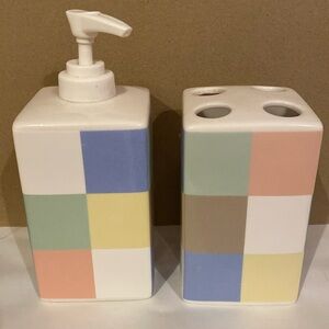 🌟MARTHA STEWART: Soap Dispenser & Tooth Brush Holder Set- Tile Design
